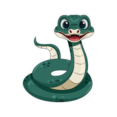 Fototapeta premium Cute smiling cartoon green snake white isolated background. New year of 2025 animal snake symbol. Chinese zodiac snake symbol.