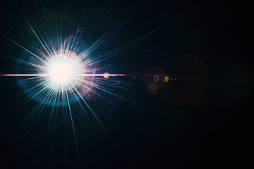 Leuchtende Lichtstrahlen explodieren von einem zentralen Punkt und breiten sich in warmen Orange- und Rottönen auf schwarzem Hintergrund aus. Das Bild zeigt dynamische Lichtreflexionen und Bokeh-Effek