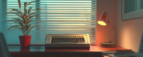 A desk lamp illuminates a vintage computer and a potted plant on a desk beside a window.