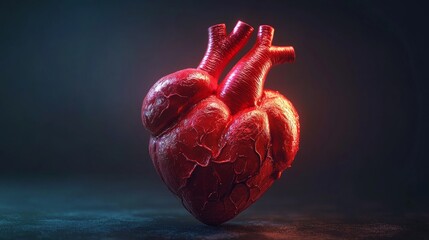 A detailed 3D rendering of a human heart, isolated on a dark blue background. The heart is illuminated from the right, casting dramatic shadows.