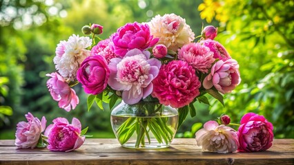 Obraz premium Vibrant peonies freshly picked from a lush country garden, exquisitely arranged in a delicate vase, radiating warmth and romance in a serene home decor setting.