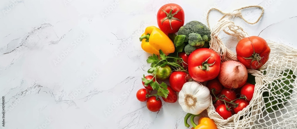 Sticker Fresh produce arranged on a white marble surface in a net bag perfect for vegan food delivery with copy space image in flat lay style