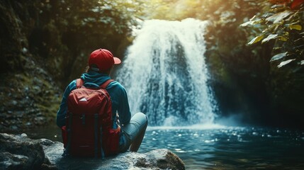 Obraz premium Adventurous Serenity: A trekker in a red hat, with a backpack, sitting near a waterfall, soaking in the splashes of nature's power. Traveling and outdoor adventure.