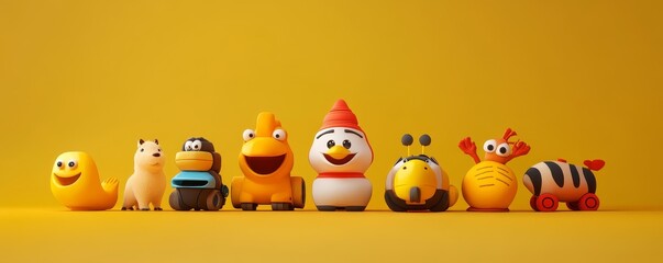 Fototapeta premium A row of colorful cartoon characters on a yellow background.