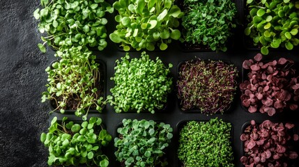 Fresh Microgreens in Pots - Healthy Vegan Food - A variety of microgreens growing in pots, showcasing the different colors and textures of these nutritious sprouts.  They are a great source of vitamin