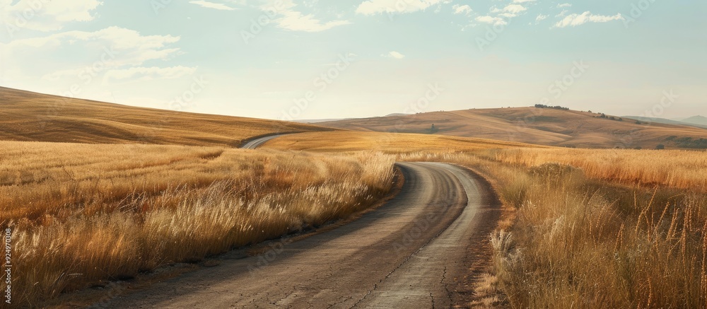 Poster A scenic country road winding through a vast field ideal for a beautiful outdoor copy space image