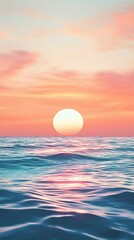 Obraz premium Sunset over a calm ocean with soft pink and orange clouds.