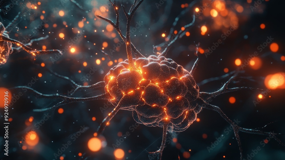 Poster glowing neuron cell abstract background - a close-up of a glowing neuron cell with intricate dendrit