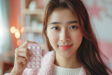 Contraception and pregnancy, menstruation concept, birth control pills asian young woman hand holding hormonal oral contraceptive medicine, take pharmaceutical to prevention, safe virus sex disease.