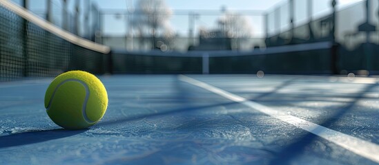 Copy space image of a ball placed on the outlined boundary of a paddle tennis court