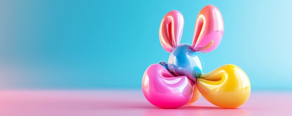 Colorful balloon animal on pink and blue background.