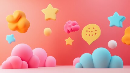 Colorful 3D clouds, stars and speech bubble floating on a pink background.