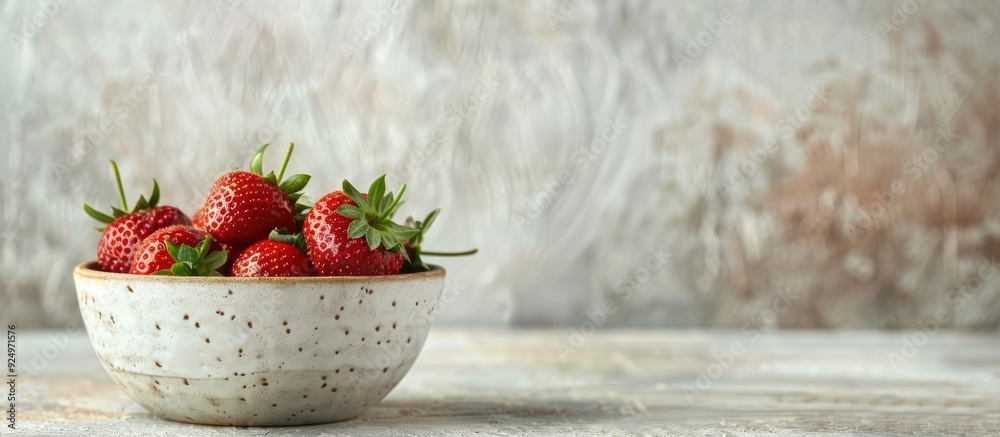 Canvas Prints A collection of juicy ripe strawberries in a ceramic bowl on a light rustic background creates a captivating copy space image