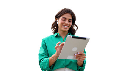 Beautiful, young businesswoman using a digital tablet and enjoying