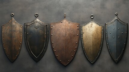 Fototapeta premium Five medieval shields with various finishes hang on a grey background.