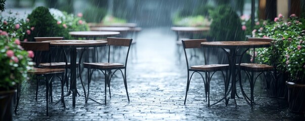 Empty cafe tables and chairs under a light rain.