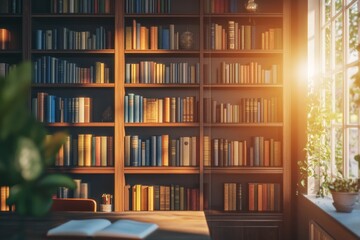 A serene reading nook with warm sunlight and a calm office background, perfect for getting lost in a good book. The vintage wooden bookshelf adds a touch of classic charm to the space.
