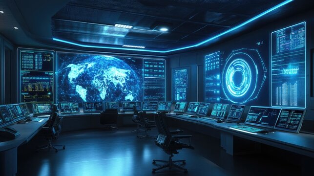 A futuristic control room monitoring global communication networks.