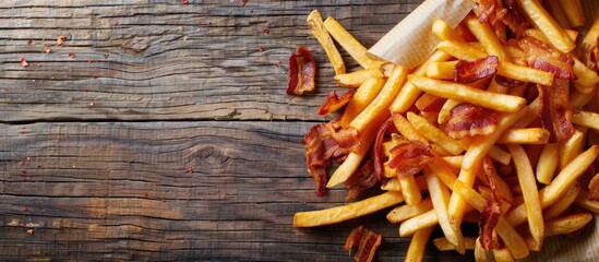 Flat lay of tasty French fries with bacon on a wooden surface offering room for text in a copy space image