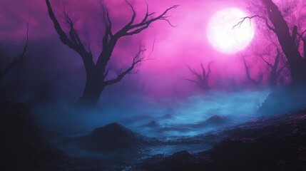 Eerie landscape featuring silhouetted trees beneath a vibrant purple sky and a glowing moon, evoking a mysterious atmosphere.