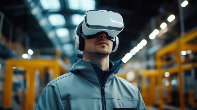 A man in an grey jacket and white helmet is wearing virtual reality glasses while working at the factory - Powered by Adobe