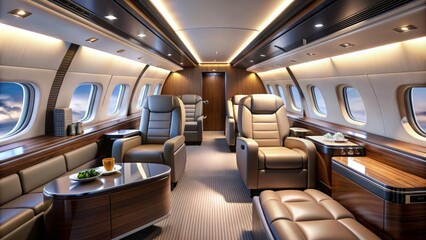 Fototapeta premium futuristic airport interior shot of sleek private jet cabin with luxurious leather seats and advanced avionics under softbox lighting and subtle reflections