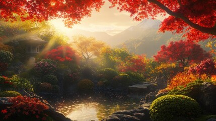 Autumn Morning: Atami Plum Garden in Shizuoka Prefecture, with autumn leaves glowing in the early morning light. A tranquil and colorful scene.