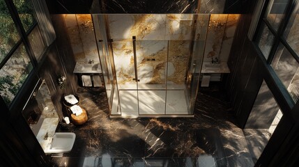 Bird's-eye perspective of a bathroom with a luxurious shower, frameless glass doors, and elegant marble finishes.