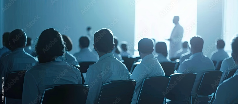 Wall mural in a conference room healthcare professionals are attentively listening to a professor during a medi