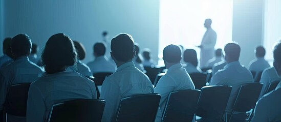 In a conference room healthcare professionals are attentively listening to a professor during a medical seminar with copy space image