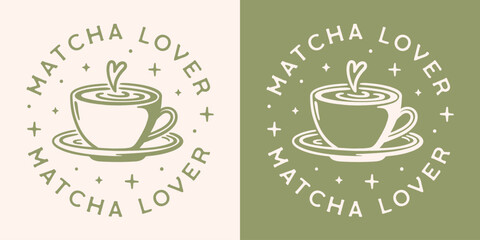 Matcha lover aesthetic quotes round badge button sticker logo fit girl shirt design. Cute green tea healthy drink latte lovers wellness girlie vector cut file for printable gifts.
