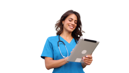 Beautiful doctor using tablet transparent background