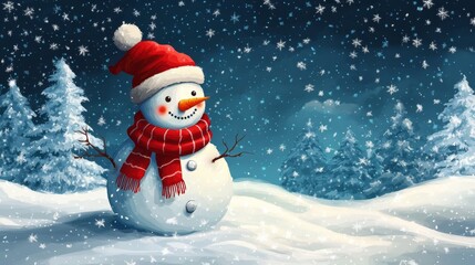 Fototapeta premium Happy Snowman in a Winter Wonderland - A cheerful snowman wearing a red hat and scarf stands in a snowy landscape, surrounded by fir trees and falling snowflakes. The image evokes a sense of joy, wint