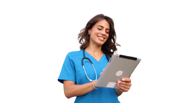 Beautiful doctor using tablet transparent background