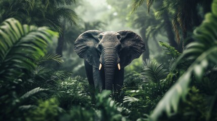 Fototapeta premium A large elephant stands in a lush jungle, its trunk raised and its tusks prominent. The sunlight filters through the dense foliage, casting a dappled light on the scene.