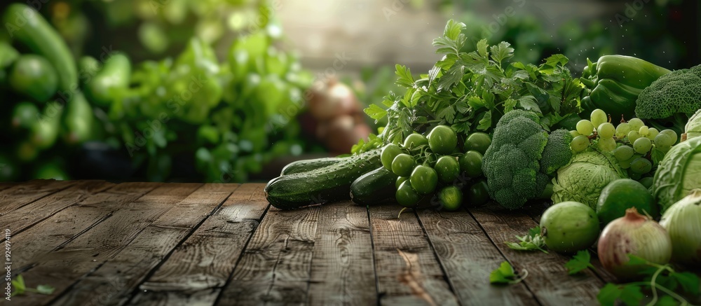 Sticker A variety of green vegetables displayed on a wooden table conveying a healthy food theme alongside a blank space for text or images. Copy space image. Place for adding text and design