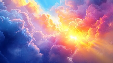 Fototapeta premium Heavenly Cloudscape: A Vibrant Sunset Over the Horizon - This captivating image depicts a breathtaking sunset, illuminating the sky with vibrant hues of orange, pink, and yellow. Fluffy clouds, painte
