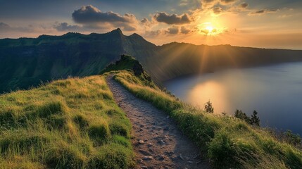 Hiking Trail Leading to a Scenic Mountaintop View with Sun Setting Over a Lake - A winding dirt path leads to a breathtaking mountaintop vista, offering panoramic views of a serene lake and a sunset c