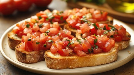 A platter of Italian bruschetta, topped with tomatoes, garlic, and olive oil.