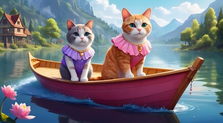 two cats in boat enjoying serene river and landscape