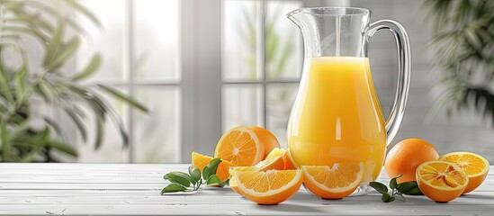 Naklejka premium A glass jug filled with delicious orange juice accompanied by fresh fruits on a white wooden table with a blank area for text in the image. Copy space image. Place for adding text and design