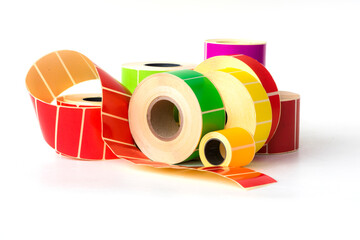 Group of self-adhesive colored labels clean for printing information on a printer.