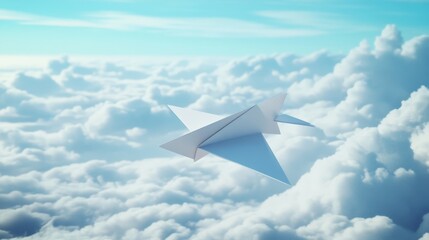 A white paper airplane soars through a bright blue sky filled with fluffy white clouds.