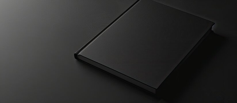 Mockup of a black notebook on a black table with copy space image on the blank cover for design in a minimalistic black theme.