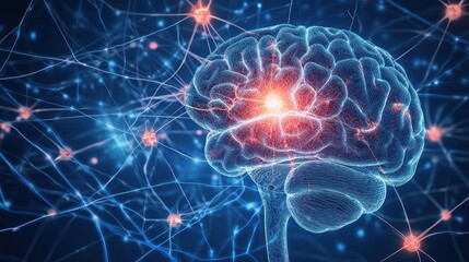 Human Brain 3D Illustration with Network of Neurons - Neural Activity, Cognitive Function, and Brain Health.