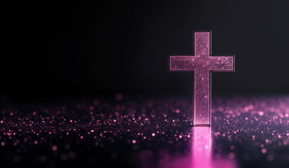 Obraz premium Pink holographic glowing Christian cross with copy space.