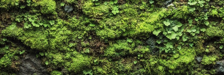 Lush Green Moss and Fern Texture on Stone Wall - A close-up view of a stone wall covered in vibrant green moss and ferns, showcasing the beauty of nature's textures and patterns. The image captures th