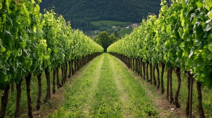 Lush Green Vineyard Rows in Summer - Rows of grapevines with lush green foliage, symbolizing growth, abundance, and the beauty of nature. The image evokes a sense of peace, tranquility, and the promis