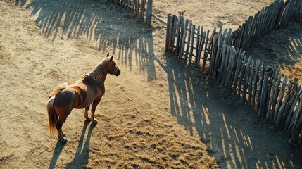 Bird's-eye view of a horse standing by a rustic wooden fence, looking out into the distance.