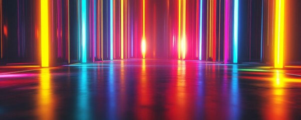 Colorful neon lights illuminate a reflective surface.